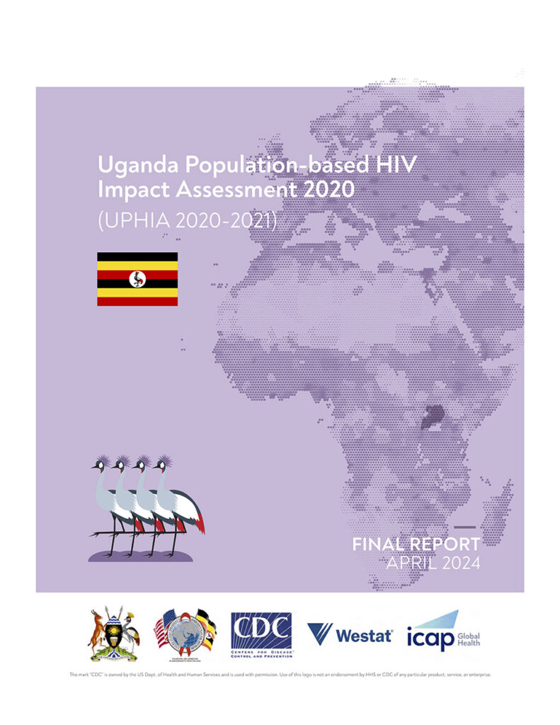 Cover of the Uganda Population-based HIV Impact Assessment 2020 final report. Features the Ugandan flag, a map of Africa highlighting Uganda, and logos of CDC, Westat, and ICAP. The text mentions April 2024.